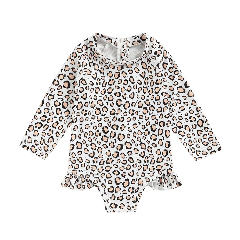 1-6 Years Children Girls Swimsuits Spring Summer Leopard Floral Print Swimwear for Babies Long Sleeve One Piece Kids Clothes