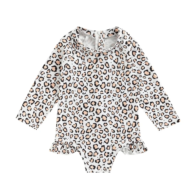 

1-6 Years Children Girls Swimsuits Spring Summer Leopard Floral Print Swimwear for Babies Long Sleeve One Piece Kids Clothes