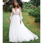 Тюлевые пляжные свадебные платья с длинным рукавом и открытой спиной, кружевные свадебные платья в стиле бохо со шлейфом и V-образным вырезом, платье принцессы