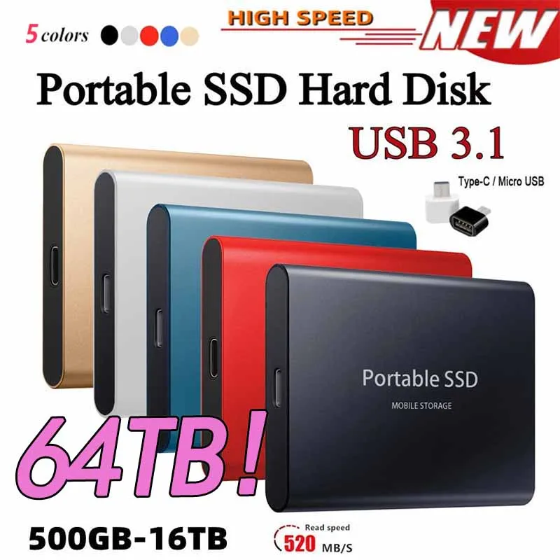 

Original Portable SSD Hard Disk 64TB 2TB SSD 2.5 Inch 500GB Hard Drive Drive Hard Disk Electronics for Laptops Mobile Phones