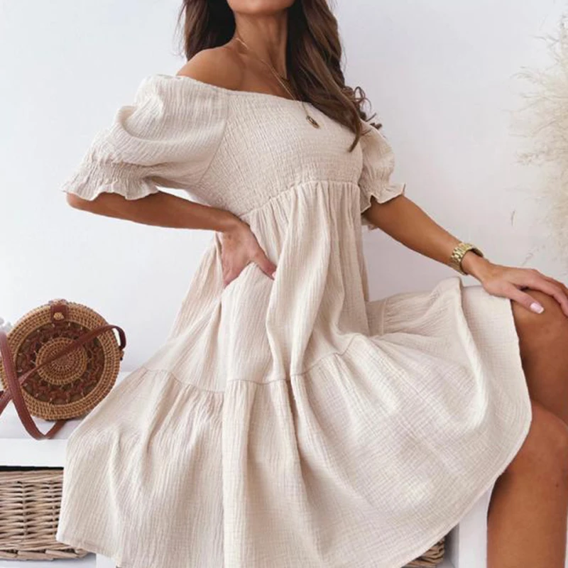 

Women Mini Dress Sexy Backless Summer Fashion Lady Slash Neck White Puff Sleeve Big Swing Party Beach Dresses Casual Robe Femme