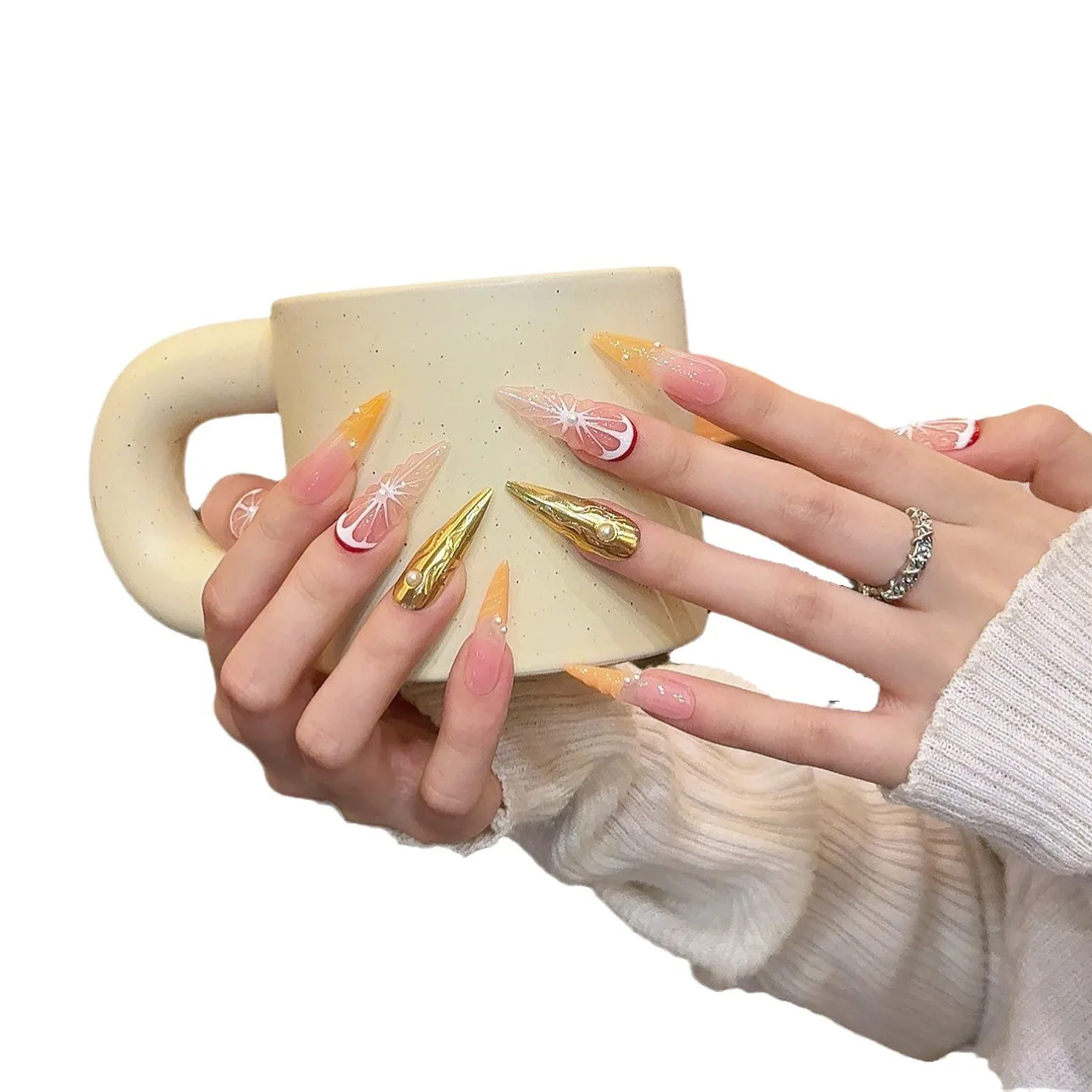 Накладные ногти ручной работы с 3D полосками лимон Декор 10 шт. носимых накладных