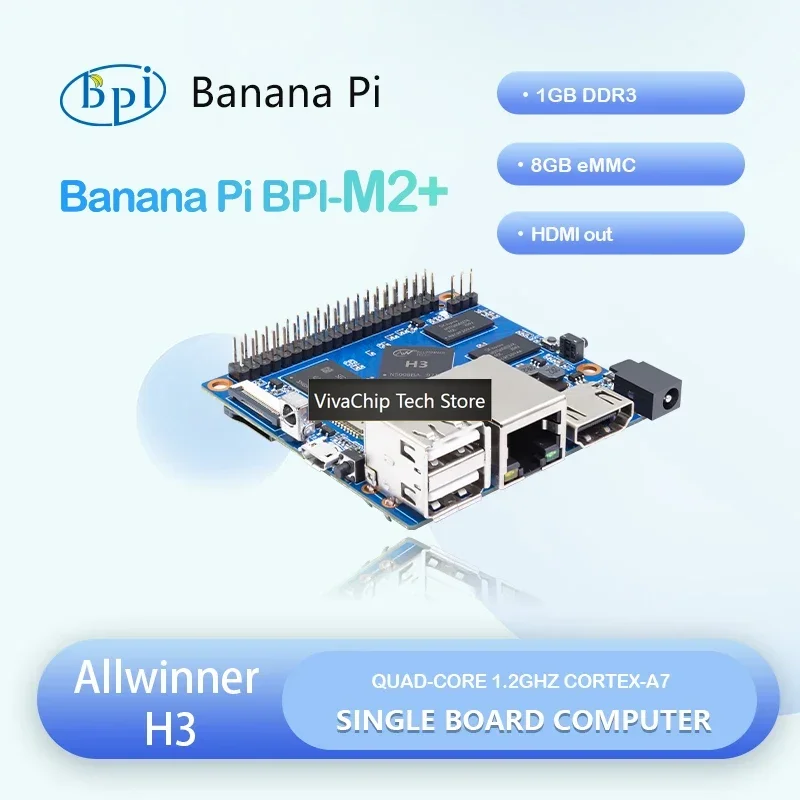 Фото VivaChip TechBanana Pi BPI-M2+ Plus Allwinner H3, четырехъядерный процессор Cortex-A7, 1 ГБ DDR3, 8 ГБ EMMC, поддержка HDMI, Wi-Fi, Bluetooth, CSI, работает с Android, Ubuntu №2