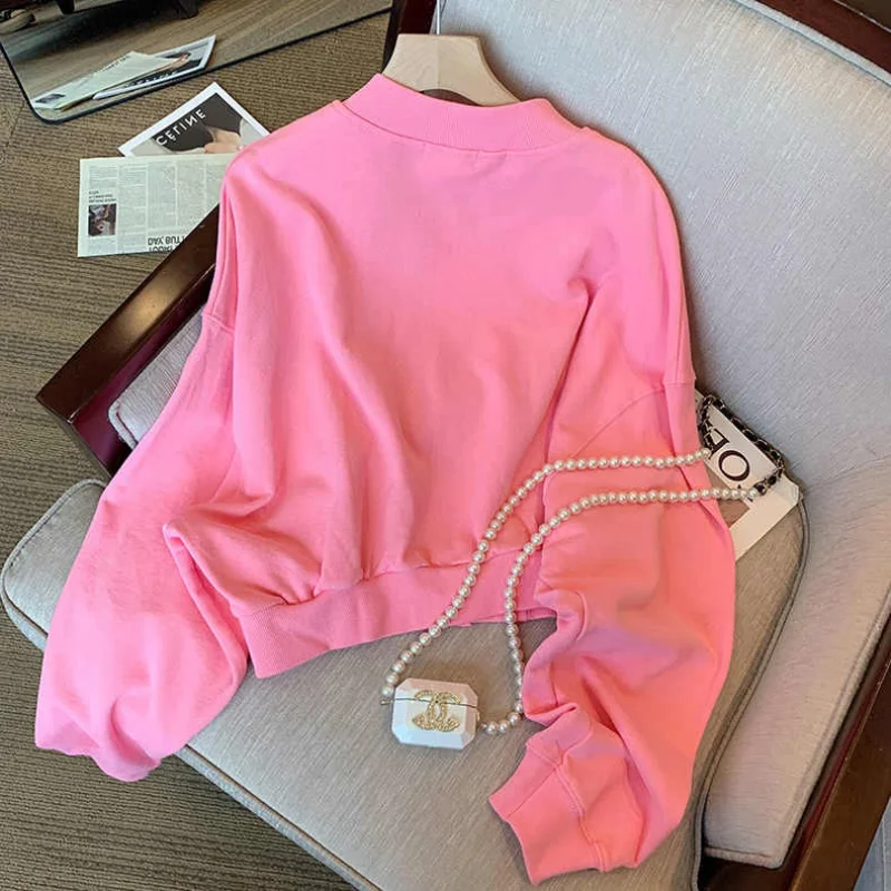 

Pink letter printed sweater jacket women autumn 2022 new loose casual age-reducing stand-up collar baseball uniform