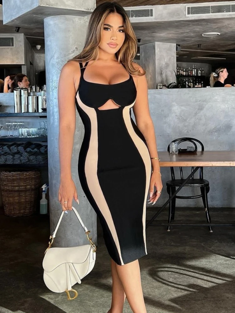 

Stripe Patchwork Midi Dress Sexy Hollow Out Bodycon Women's Summer Dress Elegant Party Evening Dresses for Women 2023 Vestidos