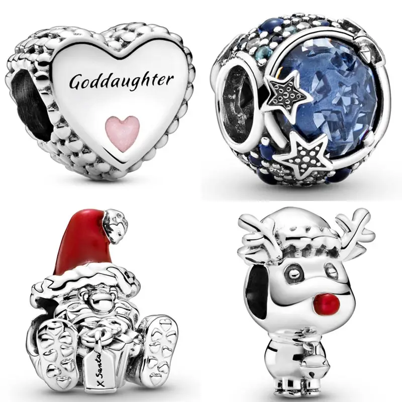 

Sparkling Stars Red Nosed Reindeer Goddaughter Heart Seated Santa Beads 925 Sterling Silver Charm Fit Europe Bracelet Jewelry