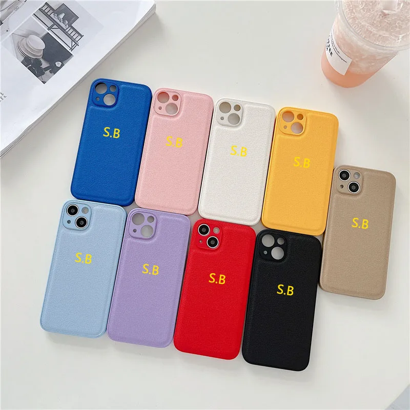 

Korea Luxury Plain Personalise Name Letters Leather PU Soft Phone Case For iPhone 14 13 12 11 Pro X XS Max Mini XR 7 8 SE Cover