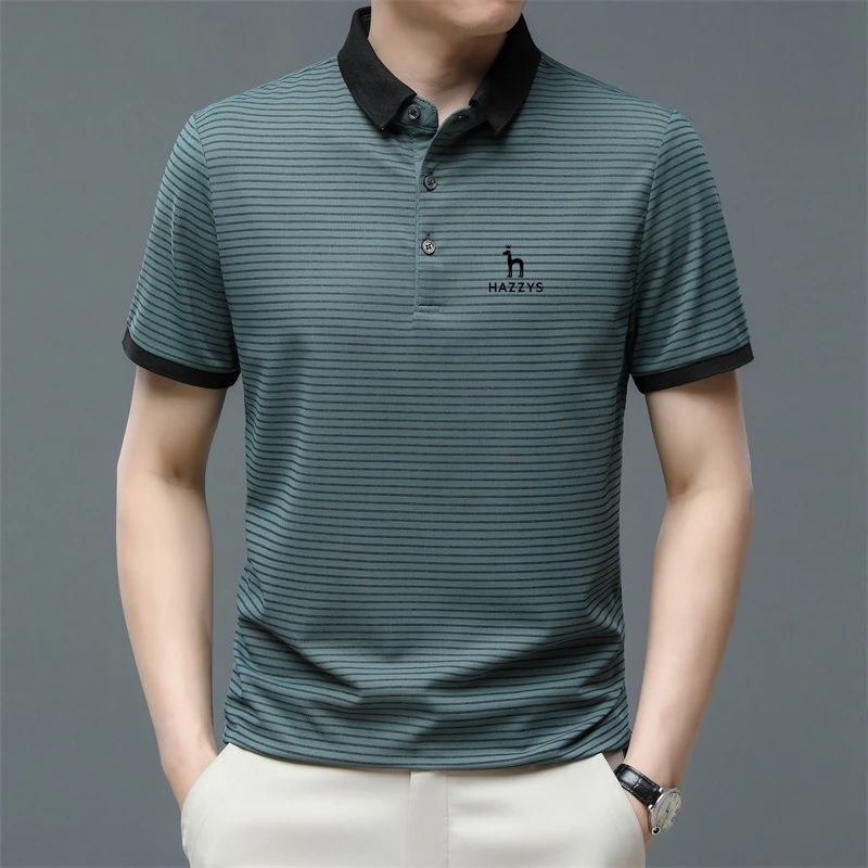 

HAZZYS New 2023 Summer Men T Shirts Striped Print Turn-Down Collar T Shirt for Men Business Casual Classics Golf Men Clothing