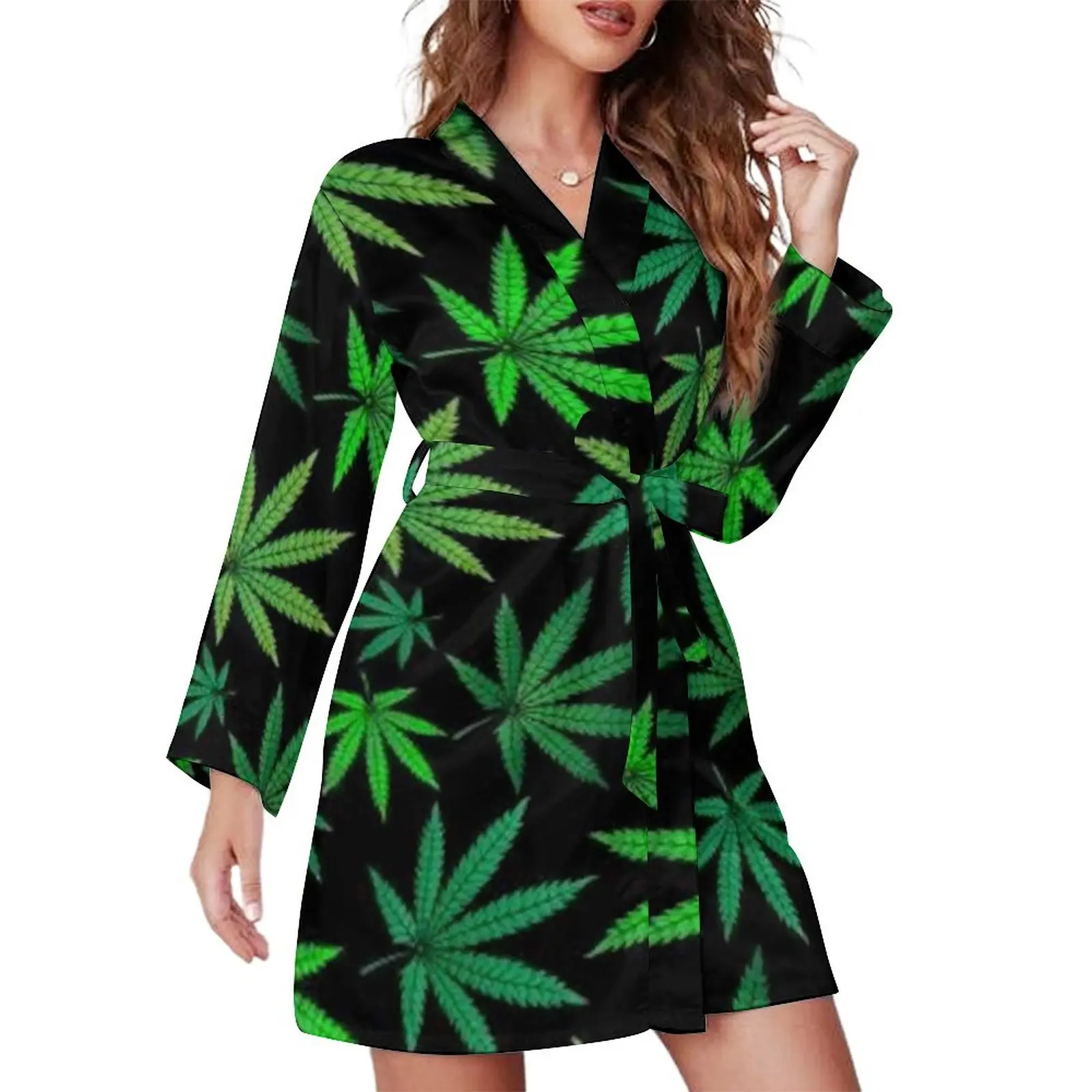

Weed Leaf Pajama Robe Summer Greenery Green Print Long-Sleeve Sexy Pajamas Robes Womens V Neck Leisure Nightgown Daily Dress
