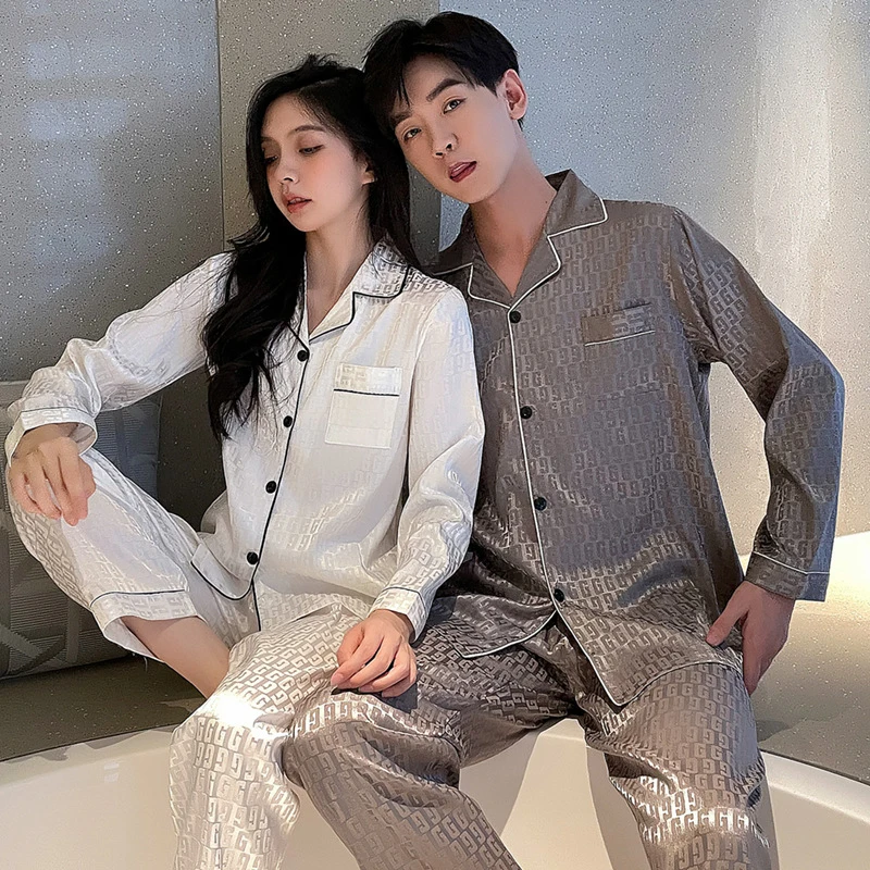 Pajamas Women's Silk Long-sleeved Pajamas Pajamas Suit Jacquard Plaid High-grade Ice Silk Can Be Worn Outside Home Wear Pajamas