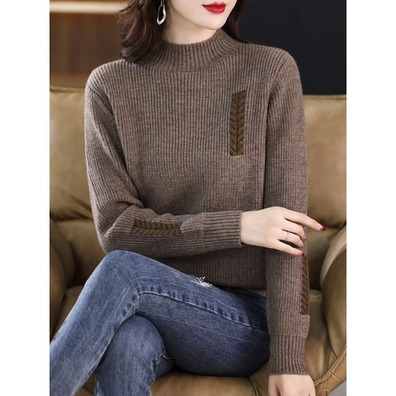 

Pullover women sweater 2023 loose autumn and winter half high collar casual long sleeve knit bottoming pullover sweater women