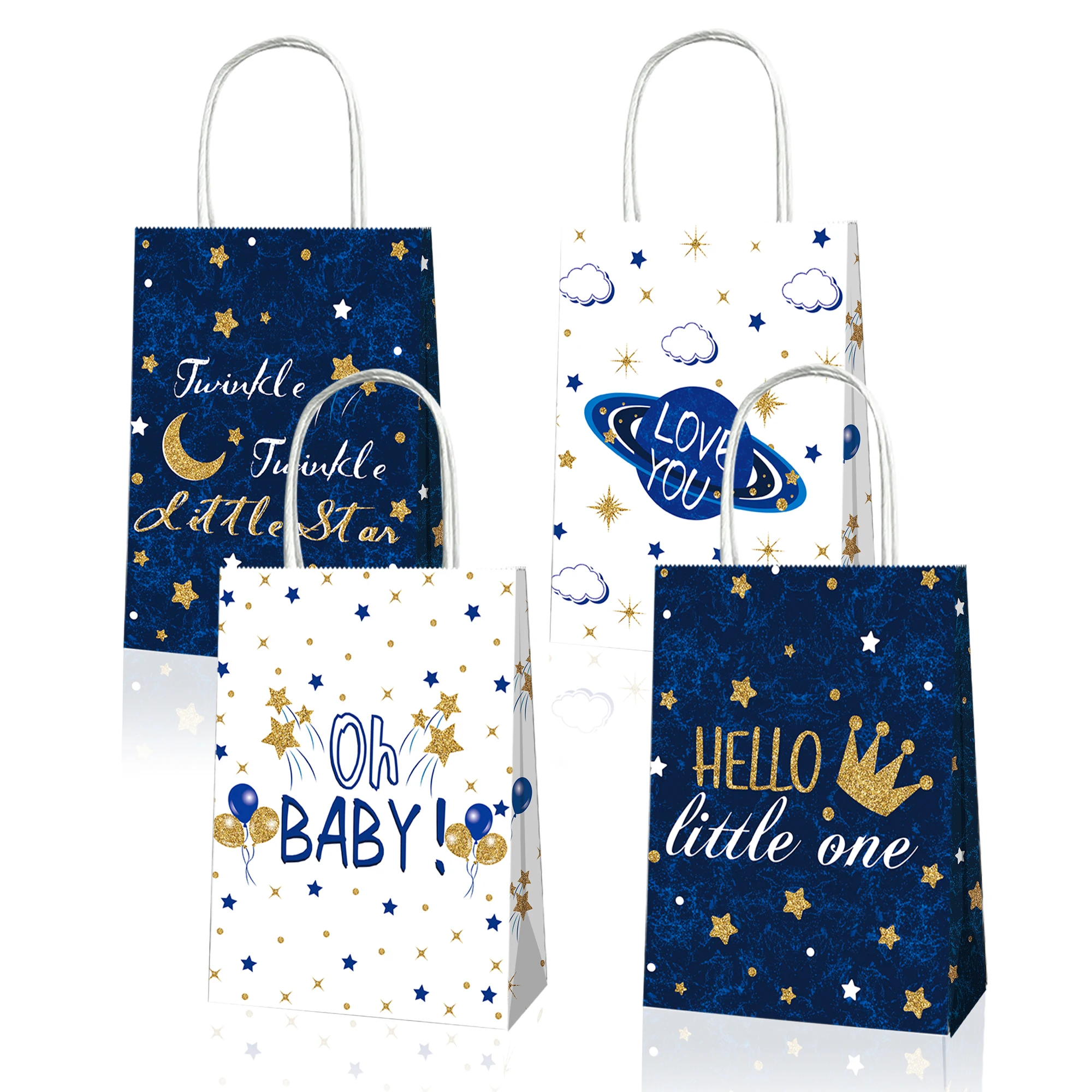 

BD094 12Pcs Boy Blue Space Star Oh Baby Party Kraft Paper Tote Bag with Handle Baby Shower Birthday Party Souvenir Shopping Bags