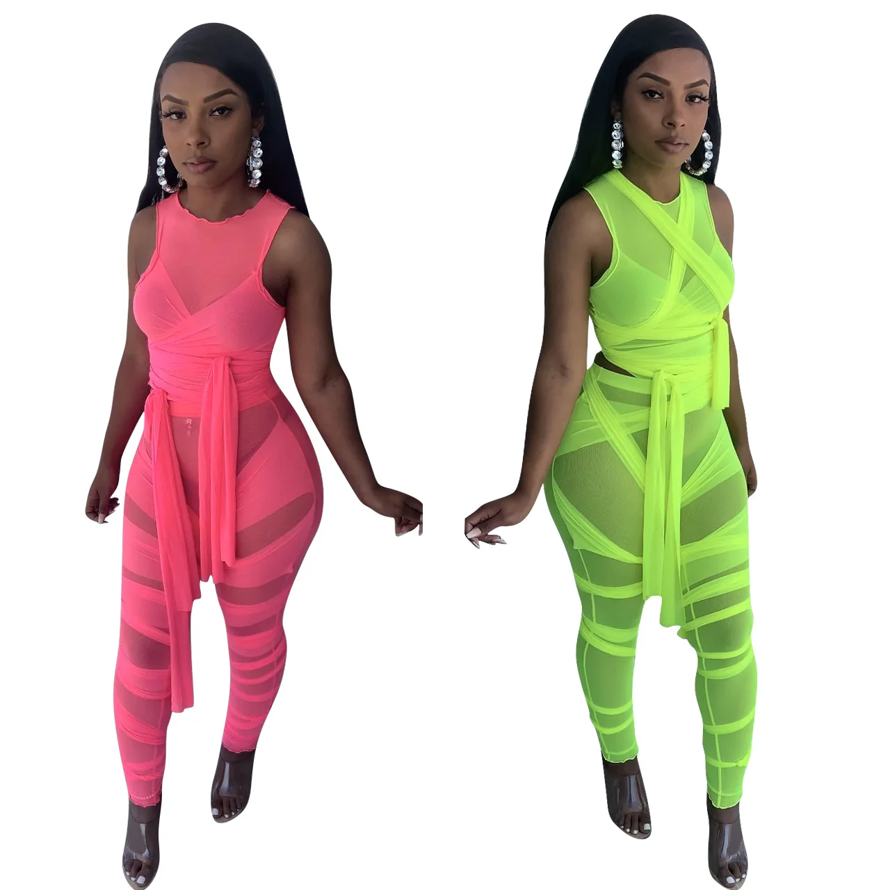 

Summer Fashion Women Neon Green Pink Two Piece Sets Casual Lady Sexy See Trough Sleeveless Crop Tops Bodycon Pants Street Wear