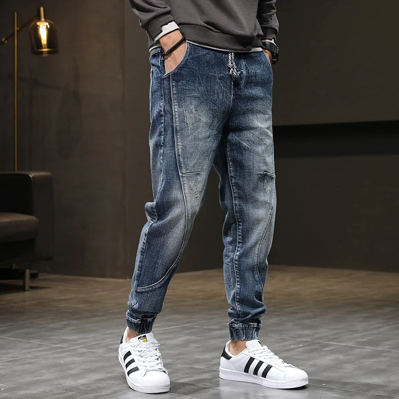 Street Fashion Men Jeans Retro Gray Blue Elastic Casual Denim Cargo Pants Hombre Spliced Designer Hip Hop Joggers Men Overalls