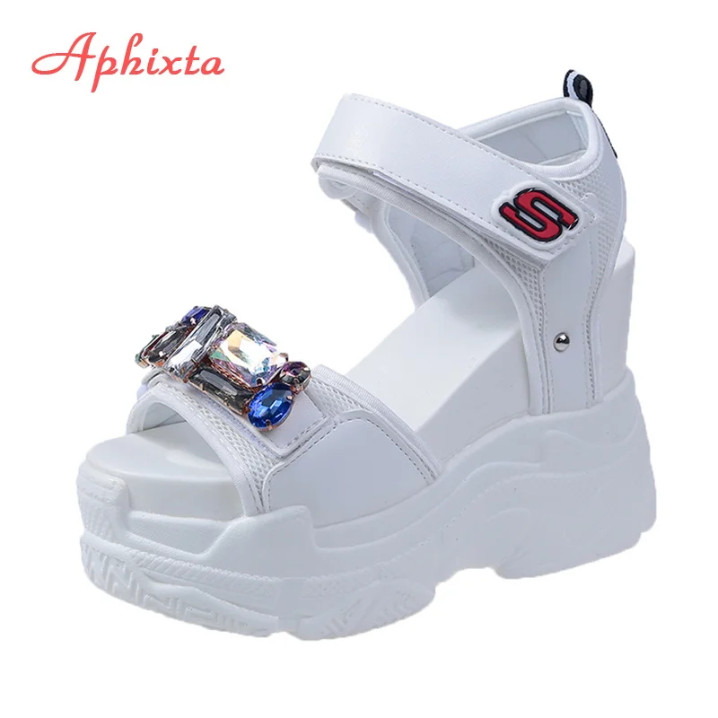 

Aphixta 10cm Super High Heels Sandals Women Wedge Shoes Hook Loop Bling Diamonds Chunky Leather Female Summer Platform Sandals