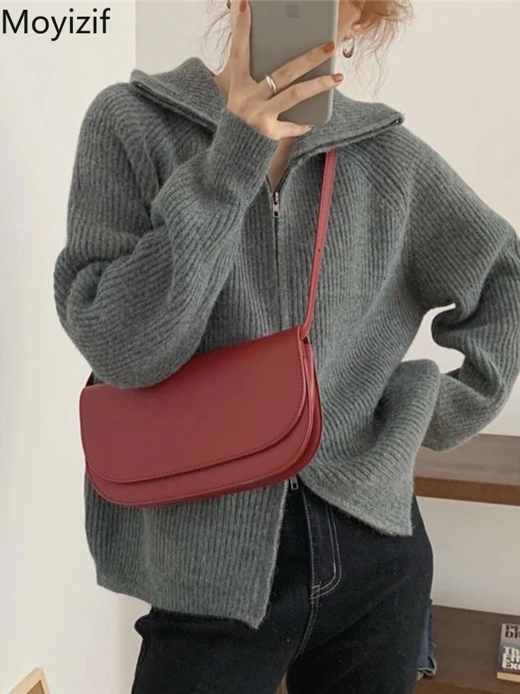 

Женская вязанная кофта Moyizif Кардиган куртка на молнии с лацканами винтажные кардиганы офисные женские эстетические Свитера Повседневная г...