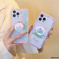 transparent tulip flower phone case for iphone 13 12 mini 11 pro max xr xs max 6 6s 7 8 plus x with holder stand soft cover