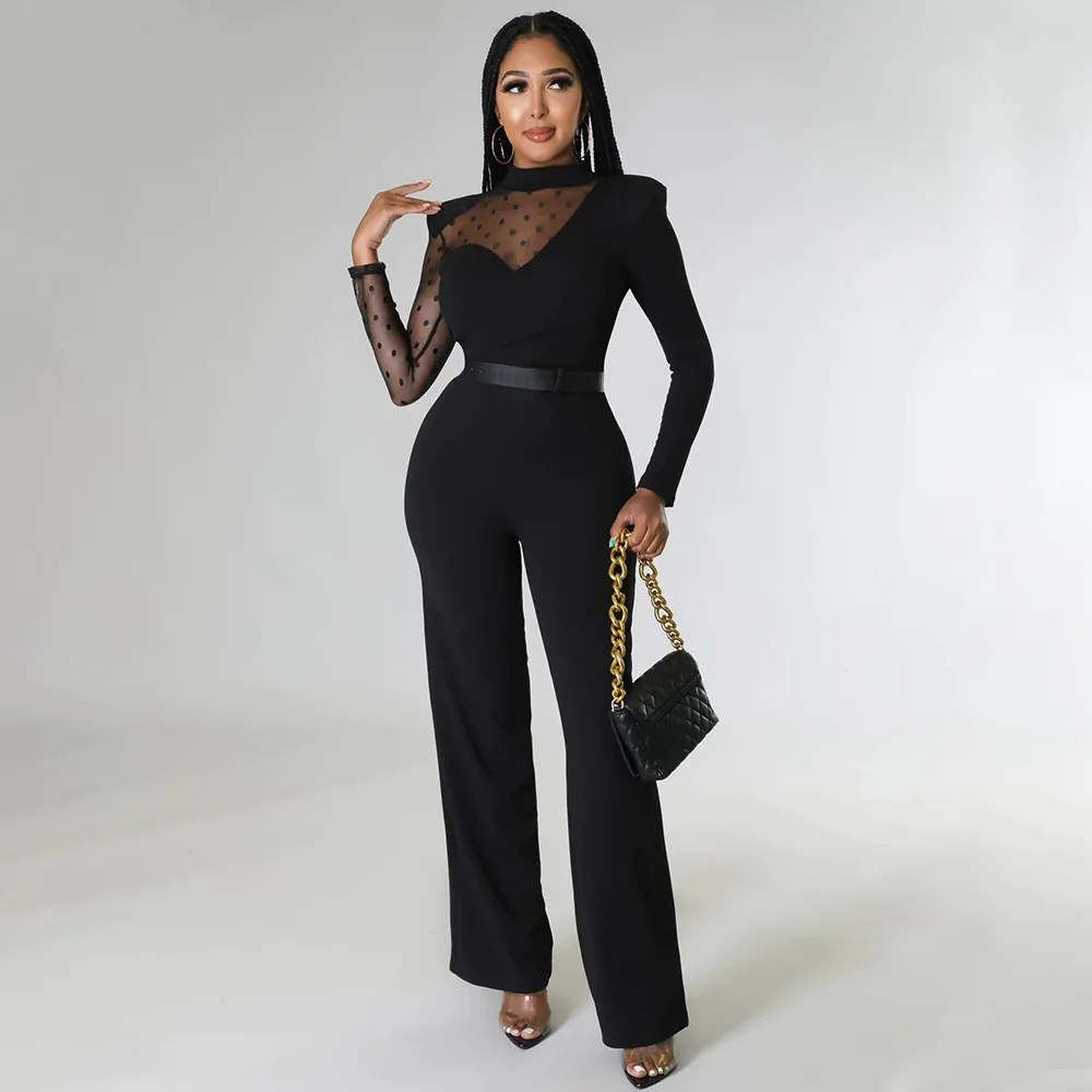 

Women Polka Dot Mesh Insert Slim Jumpsuit Sexy Elegant Long Sleeve Jumpsuit Overalls