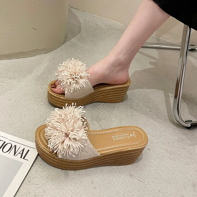 

Slippers Women Summer Slides Platform Shoes Fashion New Wedge Pearl Female Sandals Shoes Pee Toe 2023 For Women Flower