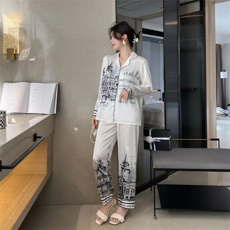 New Luxurious Women's Pajama Set Thin Pajamas Long Sleeved Cardigan Suit Sleepcoat Nightgown Spring Autumn Coat