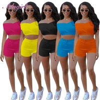 fitness summer active two piece set women solid off shoulder crop tops t shirt bikers shorts suit 2022 outfit joggers tracksuit