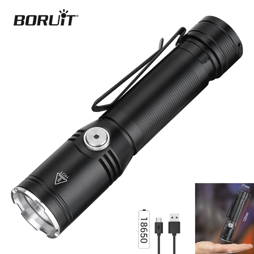 Фонарик BORUiT с высокой мощностью фонарик дальним радиусом действия 18650 Type -C