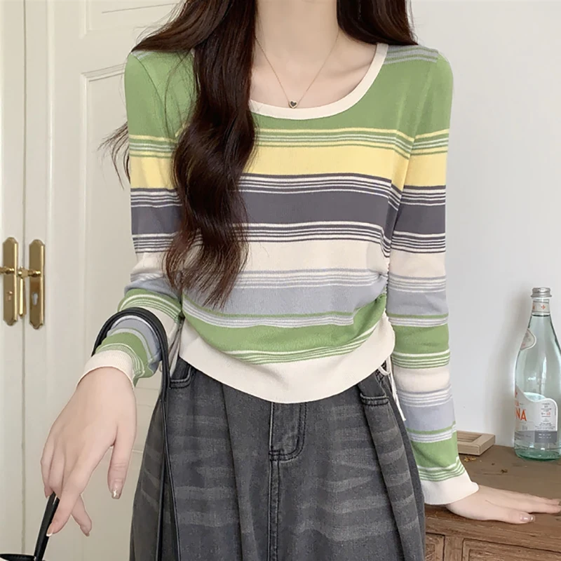 

Striped Knitted T Shirt Women Long Sleeve Crop Tops Korean Style Autumn Drawstring Tee Shirt Female T-Shirts Camisetas De Mujer