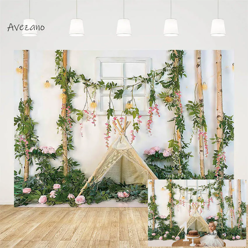 

Avezano Spring Backdrop Photography Green Grass Floral Window Tent Camp Newborn Birthday Portrait Background Decor Photo Studio