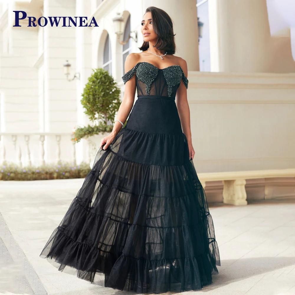 

Prowinea Simple Illusion Tiered Tulle Evening Gowns For Women Sweetheart Off the Shoulder Crystals Robes De Soirée Personalised