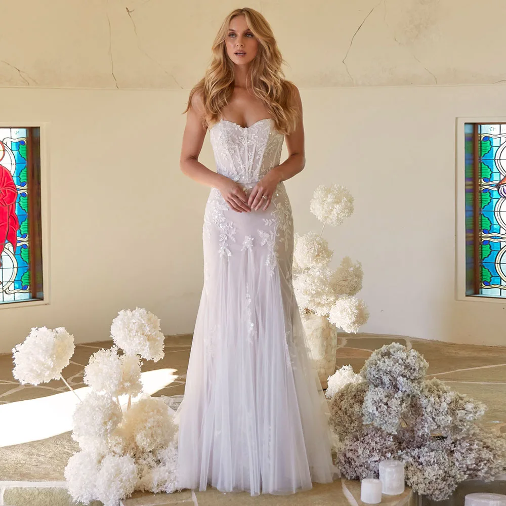 

Princess Sweetheart Mermaid Wedding Dress For Women Lace Appliques Spaghetti Straps Boho Bridal Gowns Vestido De Novia