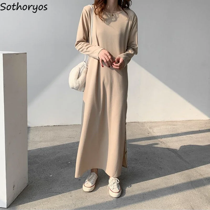 

Baggy Dresses Women Solid Temper Inside Autumn Elegant Side-slit Chic Design Ankle-length Ladies Vestidos Korean Casual Basic