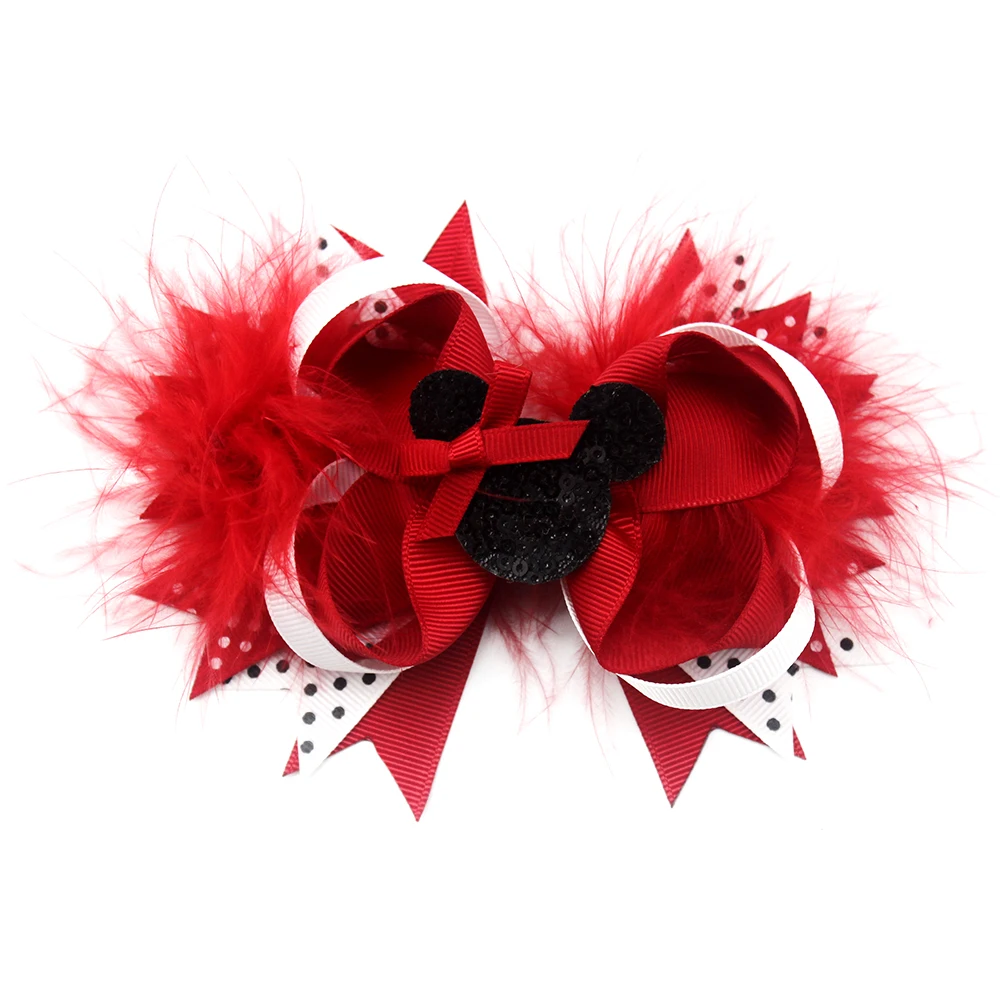 

Feather Dots Colorful Cartoon Flowers Design Outfit Boutique Hair Bows For Little Girls With Hair Clip Hair Accessories