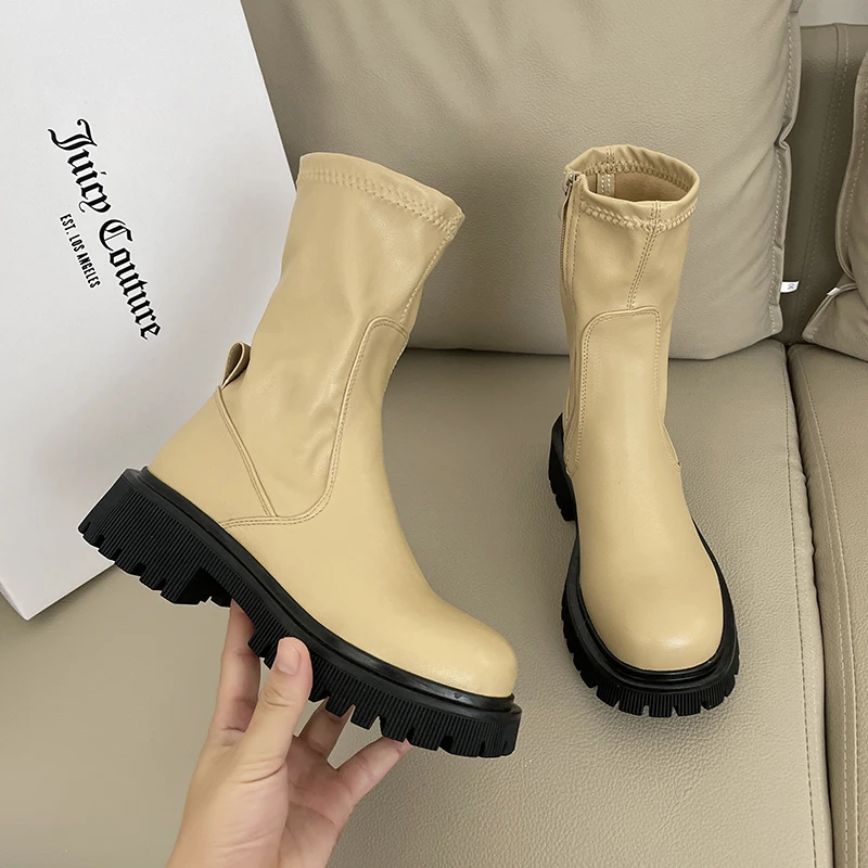 Knee High Women's Boots Autumn Women's Shoes Winter Lace Up Fashion Flat Shoes Sexy Punk PU Side Zipper Ladies Motorcycle Boots2