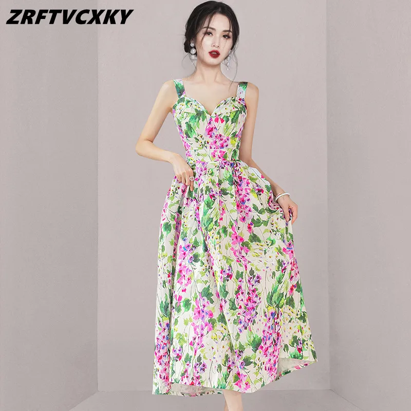

ZRFTVCXKY Summer New Ladies Spaghetti Strap Dress Women Floral Printed Female V-Collar High Waist Casual Vacation Long Dresses