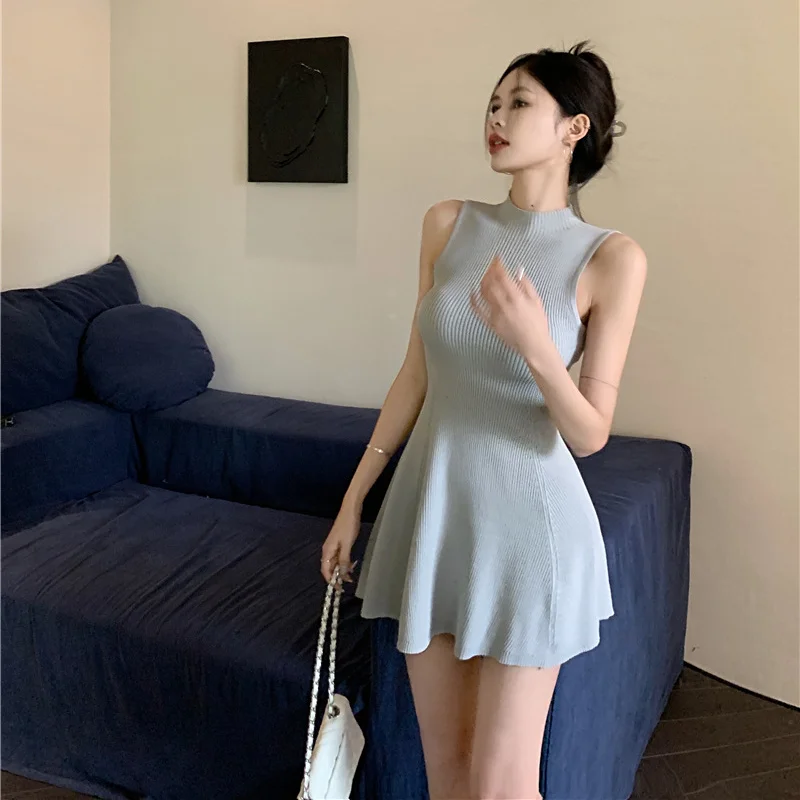 

Мини вязаные платья для женщин, милые, нежные, летние, тонкие, темпераментные, сексуальные, минималистичные, без рукавов, для студентов, популярная повседневная одежда