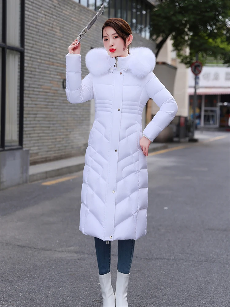 New Women Long Down Jacket Winter Casual Fashion Thicken Warm Real Fox Fur Collar White Duck Down Coat Slim Hooded Overcoat