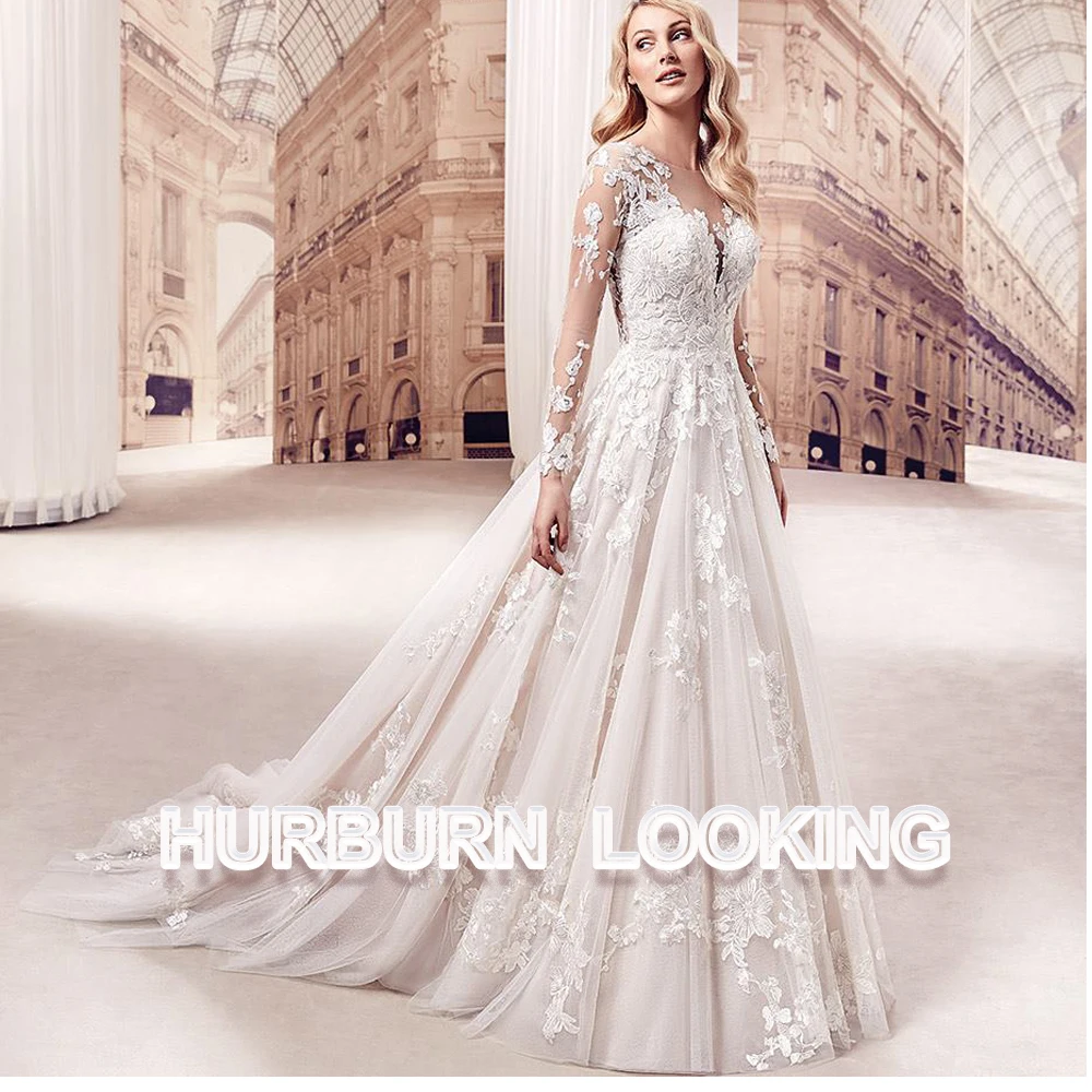 

HERBURN Classic Wedding Dresses Sweetheart Court Train Long Sleeves Stylish Appliques Personalised Vestidos De Novia Casamento