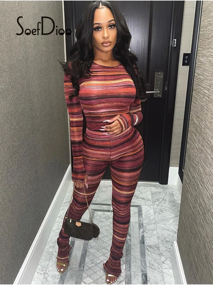 

Соблазнительный комплект из двух предметов Soefdioo, женская одежда, Красный Полосатый укороченный Топ с длинным рукавом и расклешенные брюки, ...