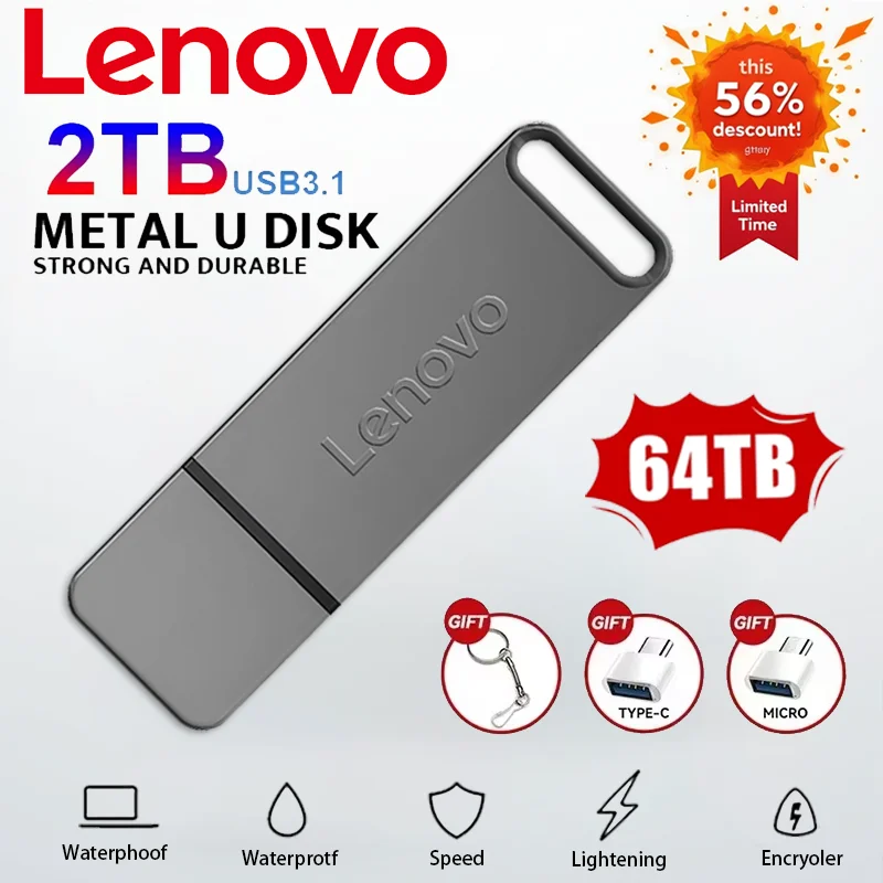 Фото Карманный флэш-накопитель Lenovo 64 ТБ, 2 ТБ, U-диск, 16 ТБ, USB3.0, ультратонкий металлический флэш-накопитель, 8 ТБ, 4 ТБ, студенческий общежитие №1