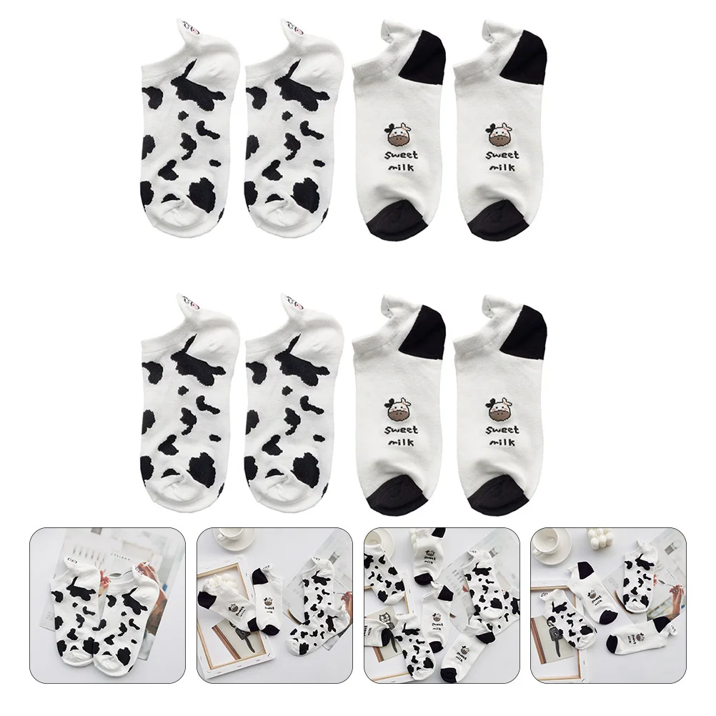 4 Pairs Features Socks Women Cow Pattern Crew Conner The Girl Low Cut Novelty Black White Striped Funny Design Show Cotton