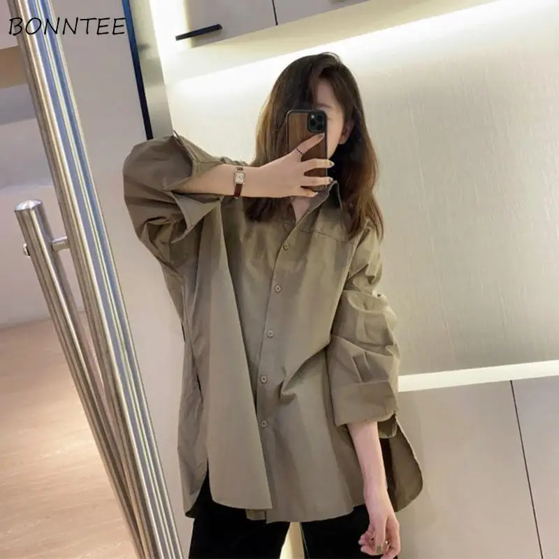 

Shirts Women Spring Solid Side-Slit Design Retro Trendy Chic Casual Simple All-match Korean Style Tops Camisa Ladies Long Sleeve
