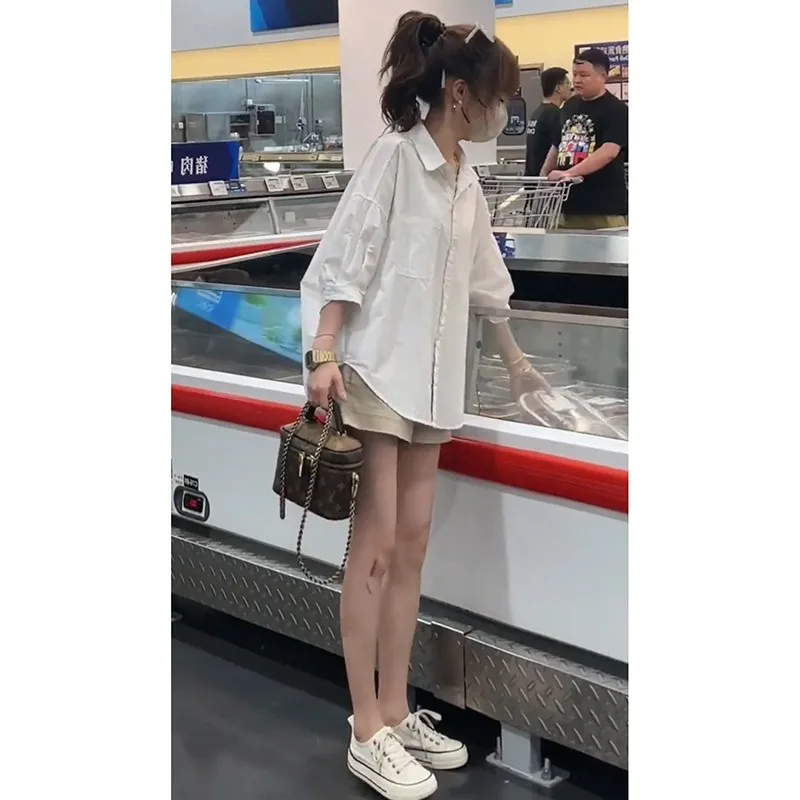 Женская Свободная блузка с отложным воротником Повседневная однобортная