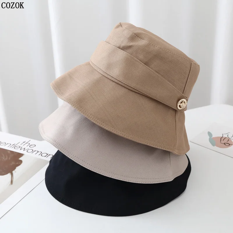 Spring Summer Outdoor Men Women Sun Protection Bucket Hat Simple Retro Design Metal Buckle Cap Fashion Trend Wild Cotton Gorra