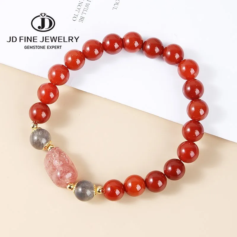

JD Natural Red Agate Beads Strawberry Quartz Pixu Bracelet Women Fashion Carnelian Wealth Lucky Strand Bangles Lovers Jewelry