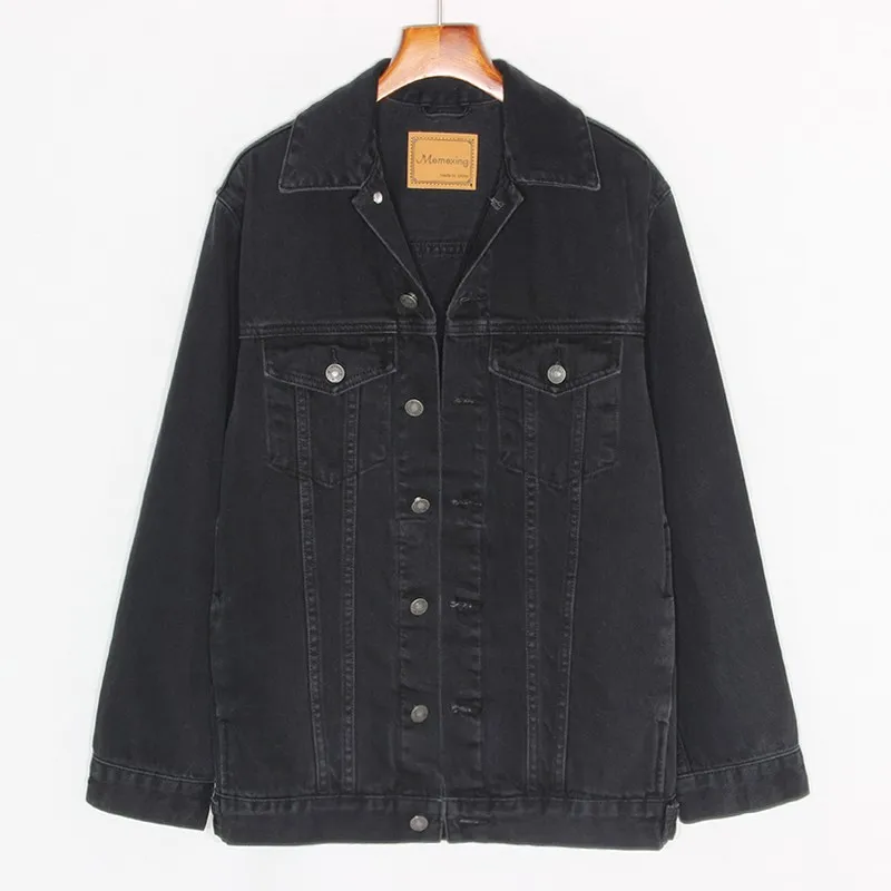 

Vintage Blue Black Denim Jacket Coat Women Spring New Loose Casual Mid Length Cowboy Outerwear Big Pocket Jeans Jackets Female