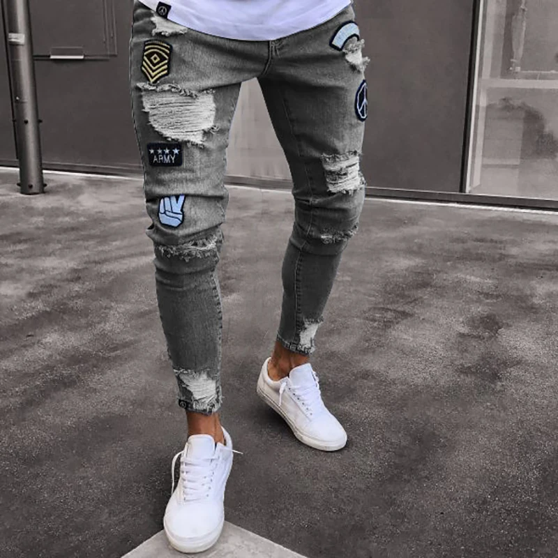 Men Ripped Skinny Jeans Men's Stretchy Denim Pants Brand Embroidery Clothes Overalls Slim Fit Casual Cotton Denim Trousers