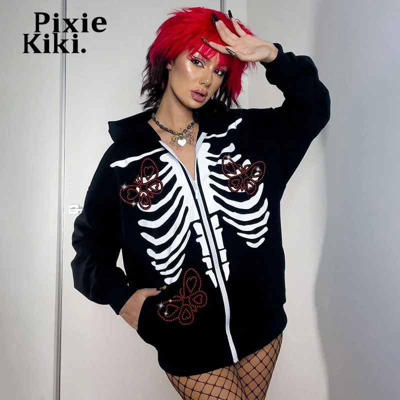 

PixieKiki Halloween Skeleton Print Black Jacket Grunge Gothic Clothes Streetwear Y2k Full Zip Up Hoodie Long Sleeve Top P67-DI48