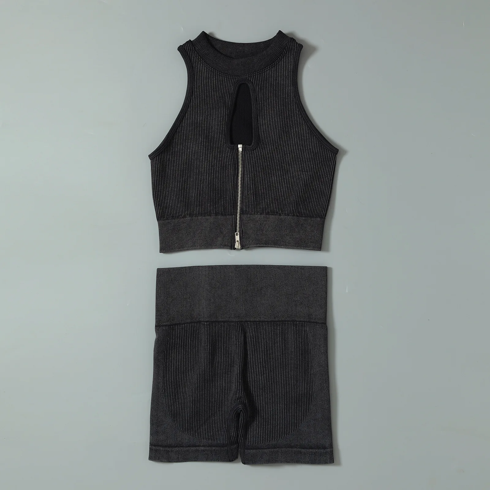 2 Piece Sets Women Outfits Seamless Knitting Sports Fitness Zipper Vest Top High Waist Hip Lifting Gym Shorts Yoga Running Suit