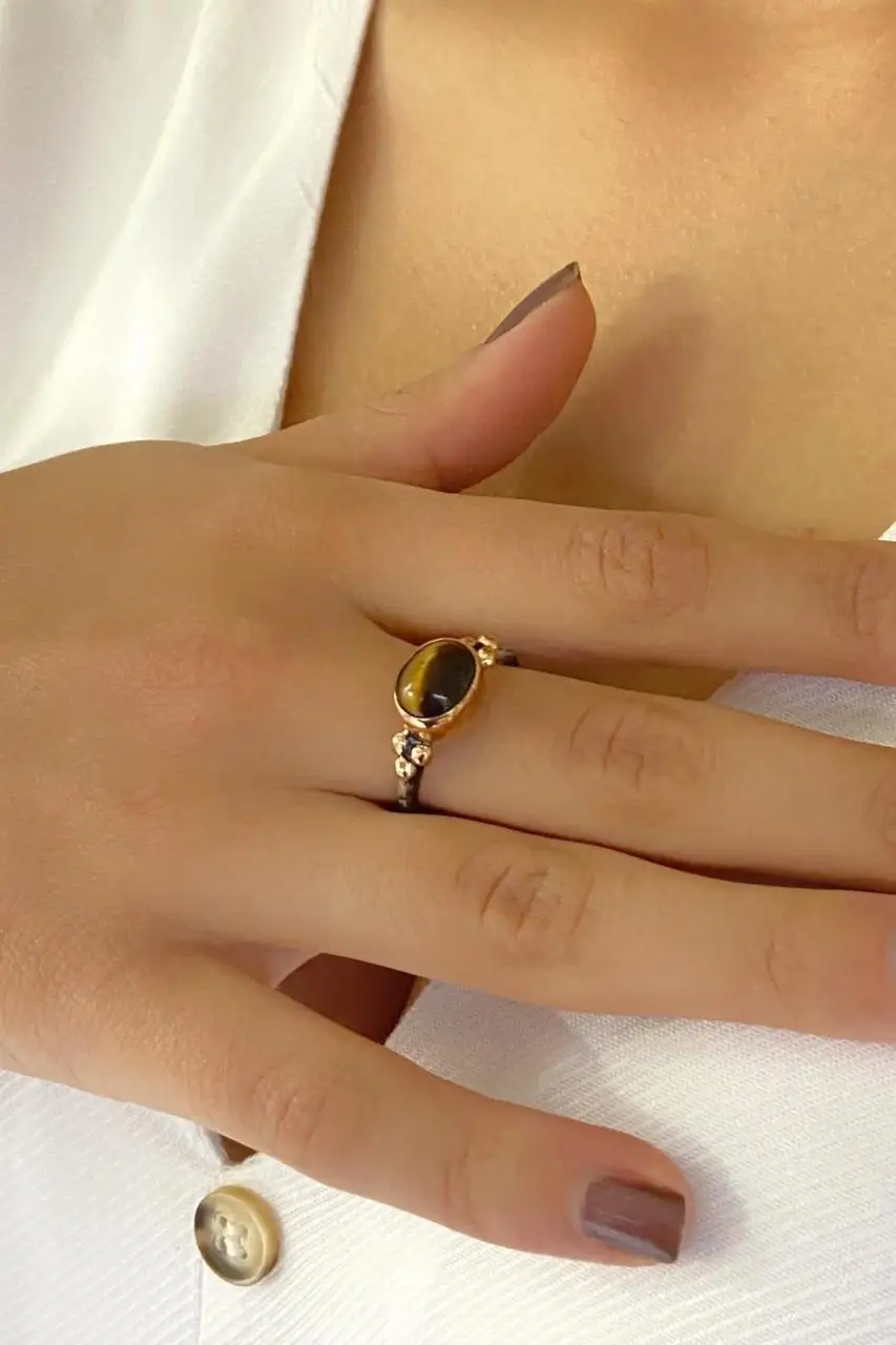 

Natural Tiger Eye Stone Hand Production 925 Silver Ring