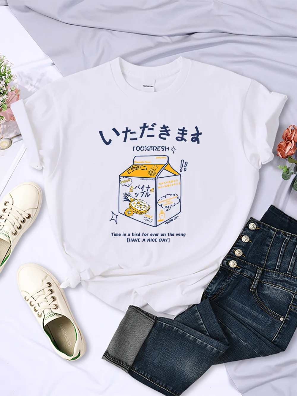 

100% Fresh Pineapple Juice Time Is A Bird For Ever On The Wing Women T Shirts Casual Hip Hop Tops Sport Casual Short Sleeve Tee